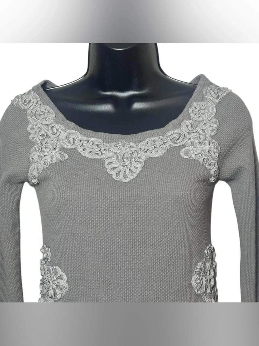 Free People Gray Lace & Ribbon Decorative Trimmed Waffle Knit Top‎